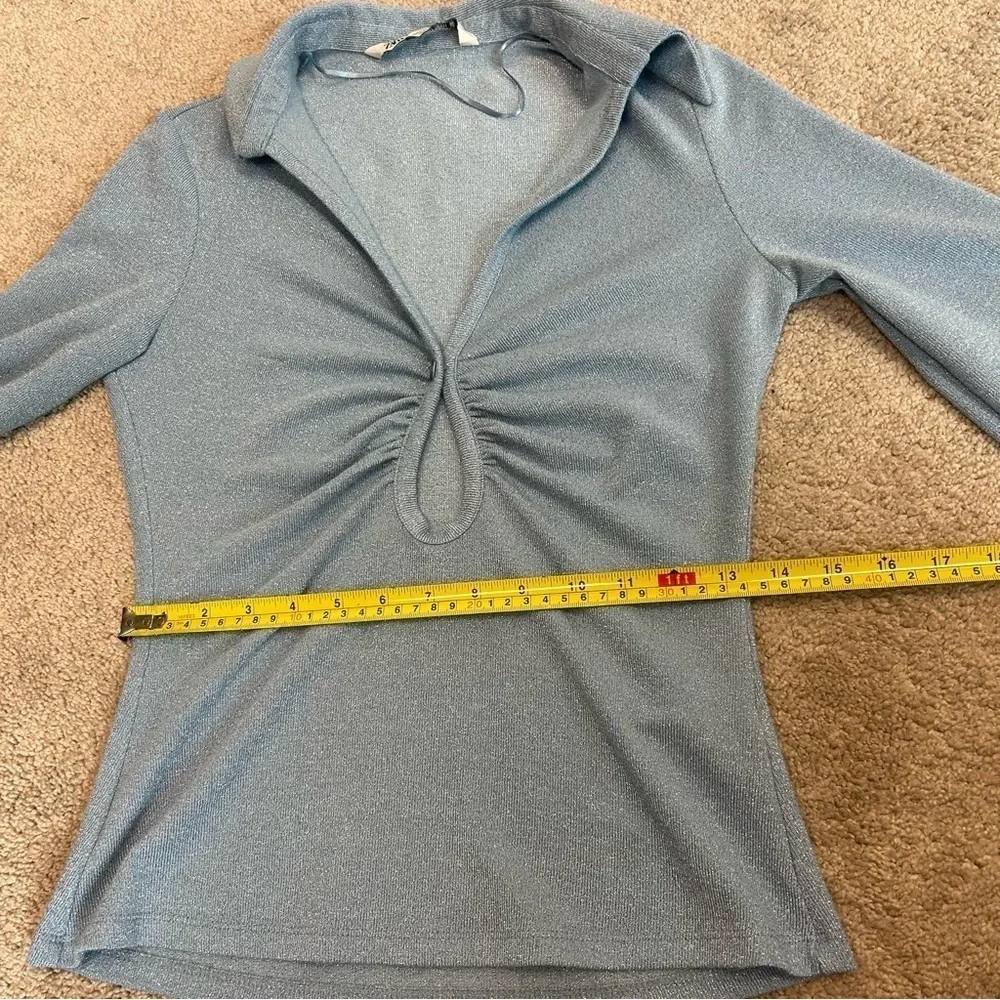 Zara light blue shimmer metallic glitter long sleeve keyhole collared blouse top - Picture 15 of 16